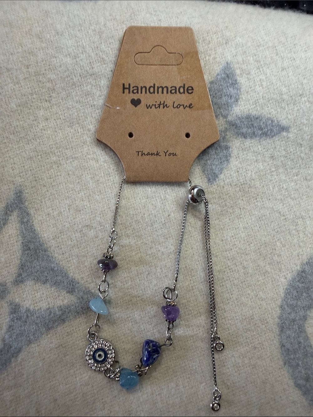 Handmade Silver-Tone Evil Eye Bracelet with Blue and Purple Beads